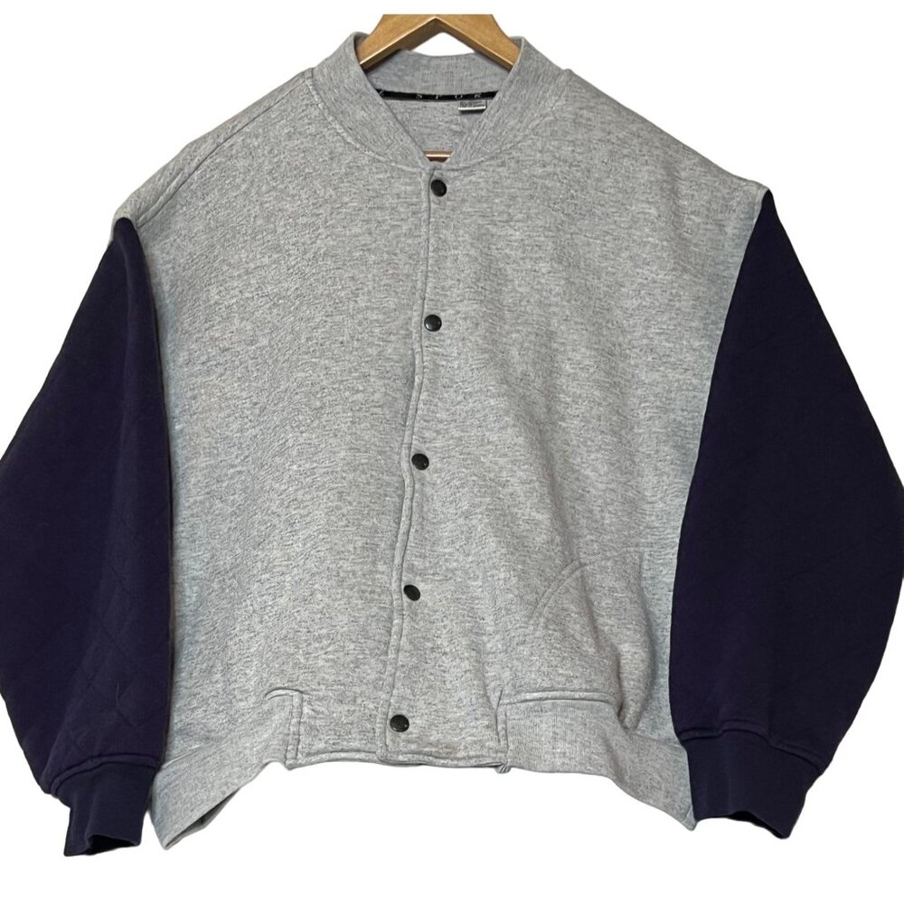 Vintage AZ Sport Varsity Jacket Large Gray & Blue Long Quilted Sleeve Snap